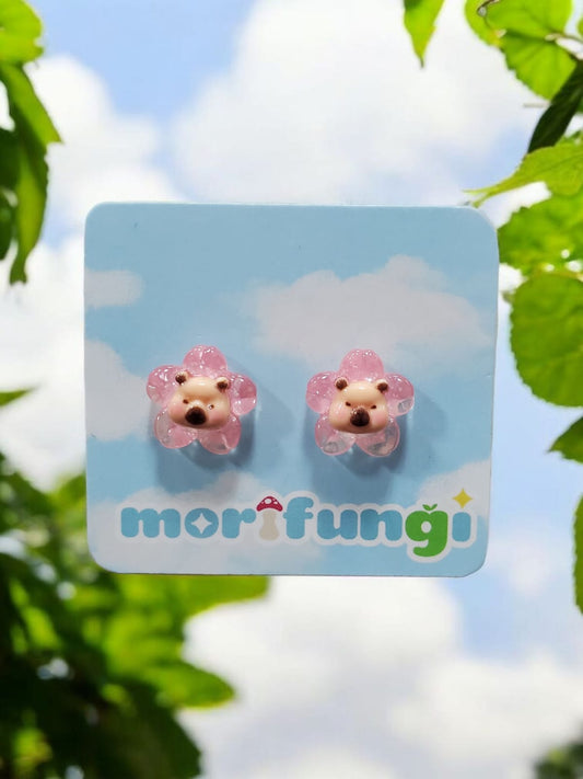 Capybara Pink Flower Stainless Steel Stud Earrings